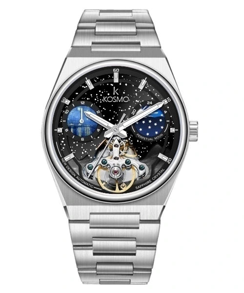 Reloj Kosmo 644-6-2-001 Automático Fase Lunar Cielo Estrellado Colección Zafiro Plateado Esfera Negra