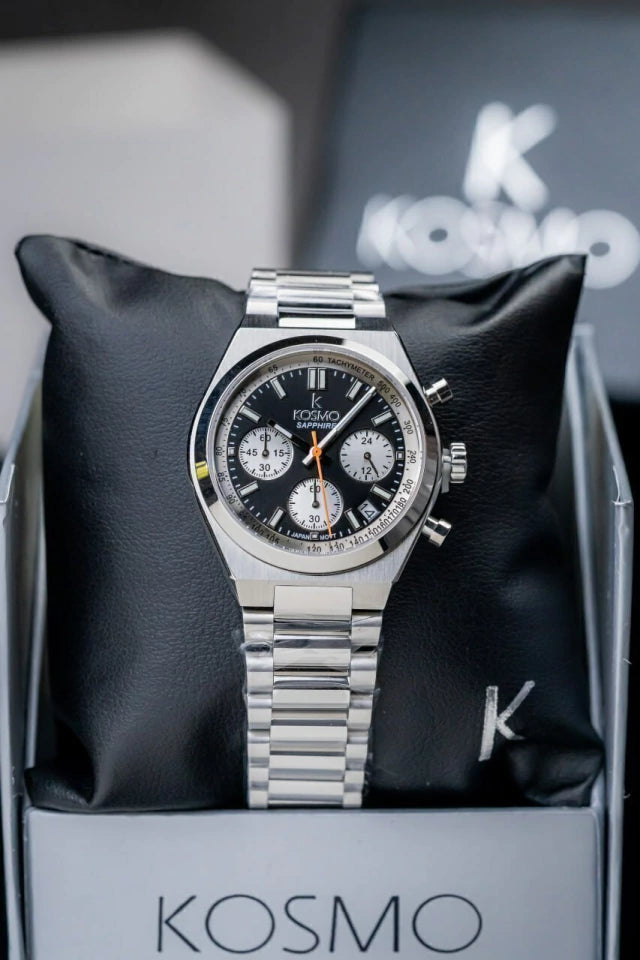 Reloj Kosmo 645-7-2 Cronógrafo Colección Zafiro Plateado Esfera Negra