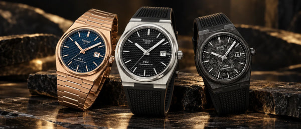 Tres relojes Tissot PRX sobre fondo oscuro