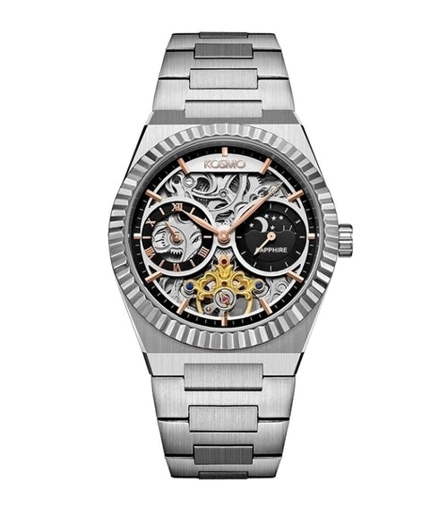 Reloj Kosmo 644-6-2 Automático Esqueleto Fase Lunar Colección Zafiro Plateado