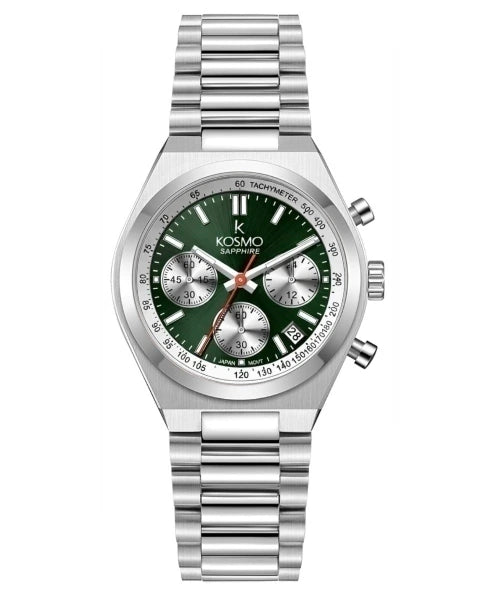 Reloj Kosmo 645-7-2 Cronógrafo Colección Zafiro Plateado Esfera Verde