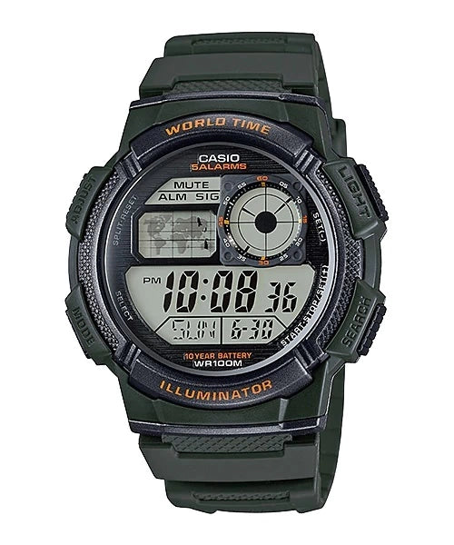 Reloj Casio AE-1000W-3A — Digital Multifunción Verde Militar 200m