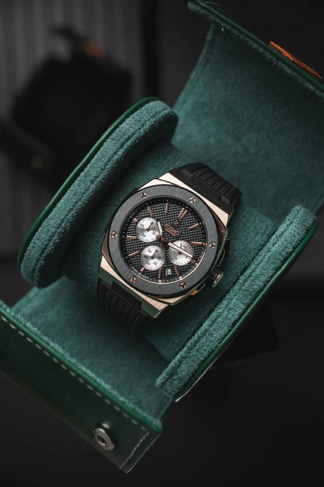 Reloj Kosmo 636-7-2 Cronógrafo Colección Zafiro Oro Rosa Esfera Negra