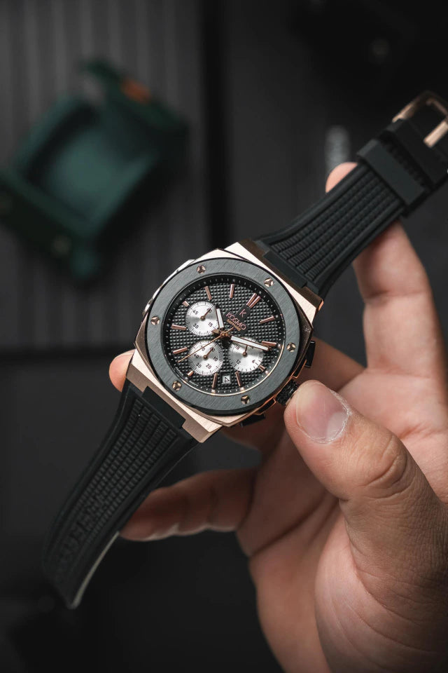 Reloj Kosmo 636-7-2 Cronógrafo Colección Zafiro Oro Rosa Esfera Negra