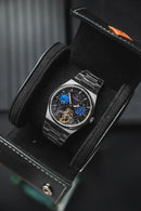 Reloj Kosmo 644-6-2-001 Automático Fase Lunar Cielo Estrellado Colección Zafiro Plateado Esfera Negra