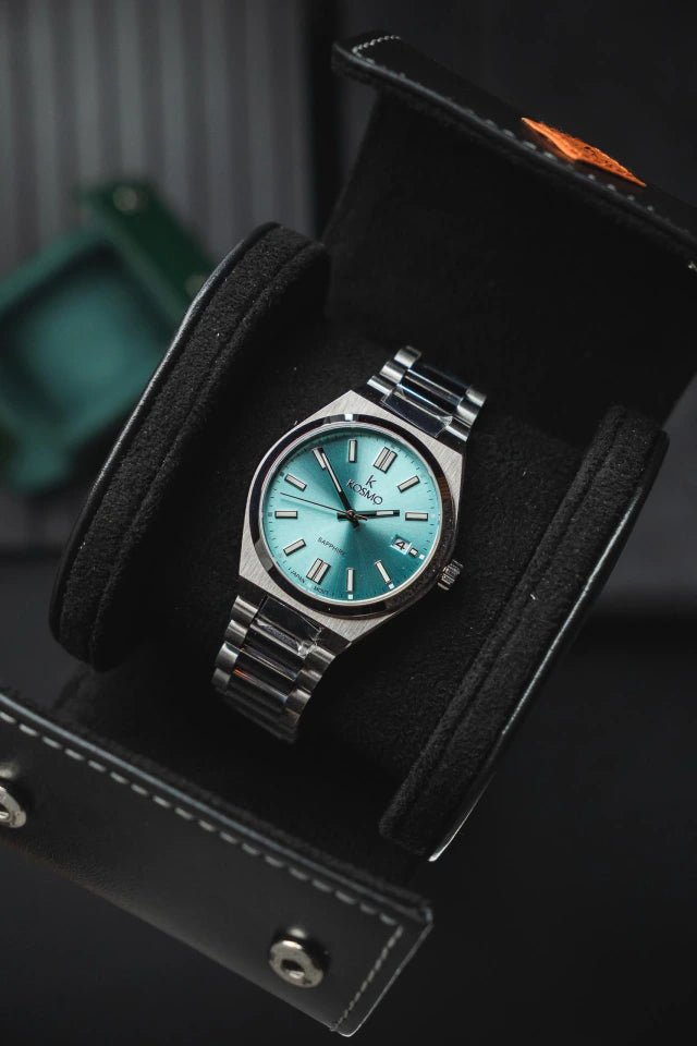Reloj Kosmo 645-7-2009 Colección Zafiro Plateado Esfera Turquesa