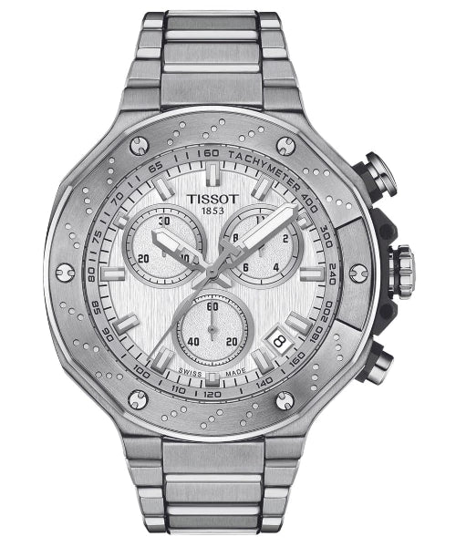 Reloj Tissot T-Race T141.417.11.031.00 — Cronógrafo Cuarzo Suizo 45mm Esfera Plateada